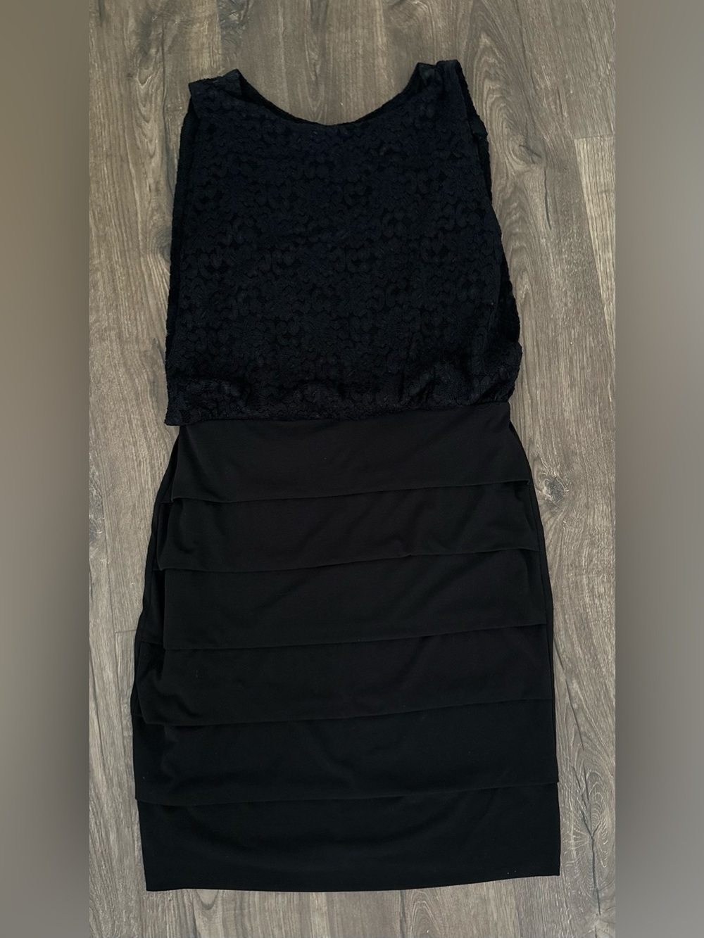 Valerie Bertinelli Black Lace Bodice Tiered Midi Dress